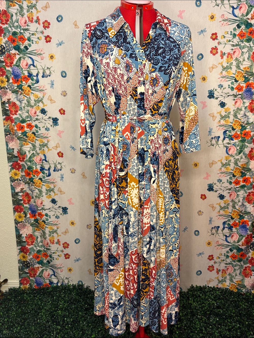 Susan Graver - Multi-Color Patchwork Floral Button-Front Maxi Dress w/ Pockets!